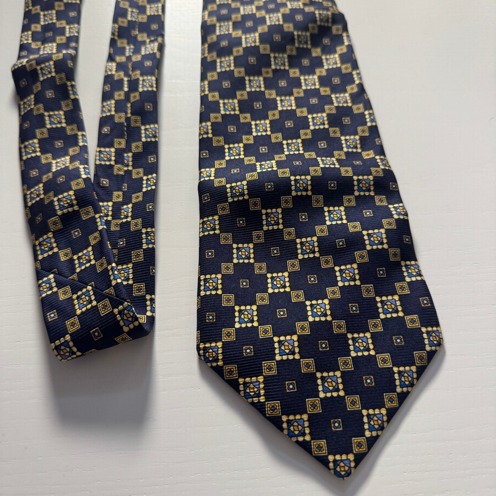 Barton Moda Mens 100% Silk Tie Navy Blue Gold Geometric Square Pattern Italy
